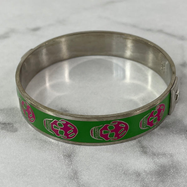 Alexander McQueen Green/Pink Enamel Skull Bangle Bracelet