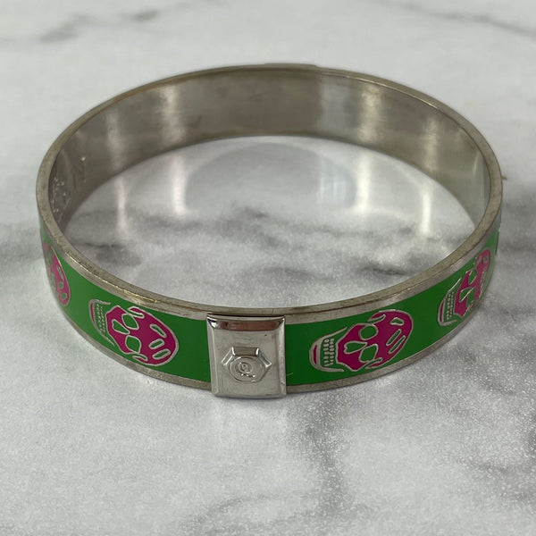 Alexander McQueen Green/Pink Enamel Skull Bangle Bracelet