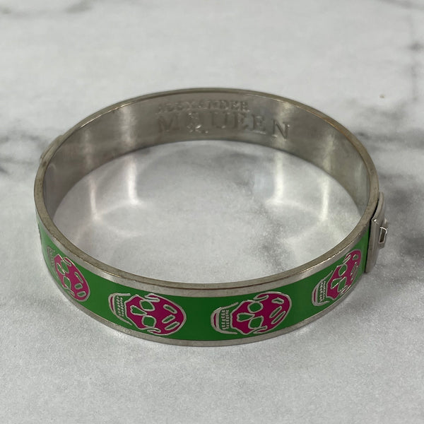 Alexander McQueen Green/Pink Enamel Skull Bangle Bracelet