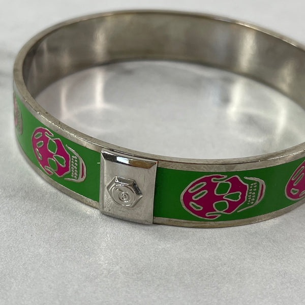 Alexander McQueen Green/Pink Enamel Skull Bangle Bracelet