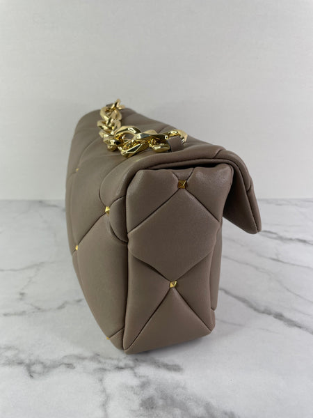 Valentino Clay (Taupe) Nappa Patchwork Roman Stud Shoulder/Crossbody Bag