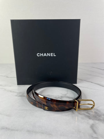 CHANEL CC Brown Leopard Print Patent Leather Skinny Belt Size 75/30