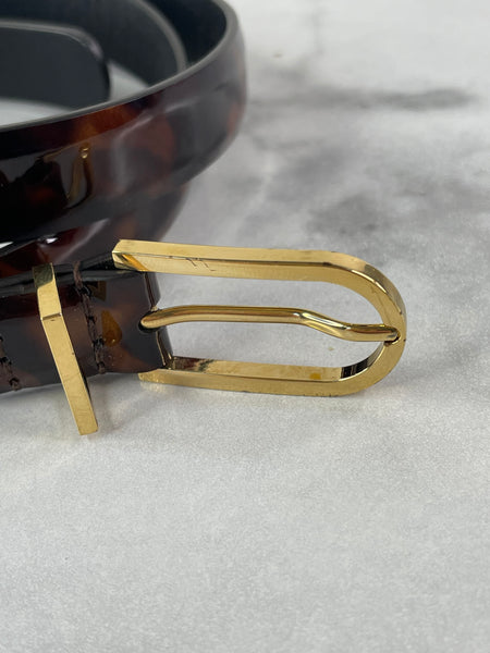 CHANEL CC Brown Leopard Print Patent Leather Skinny Belt Size 75/30