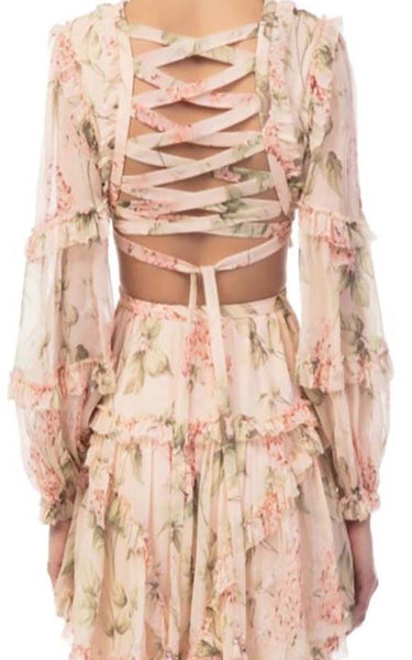 ZIMMERMANN Peach Floral Prima Floating Cut Out Dress Size 1 (Fits US 2)