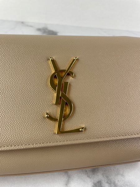 SAINT LAURENT Beige KATE SMALL CHAIN BAG IN GRAIN DE POUDRE EMBOSSED LEATHER Crossbody/Shoulder Bag