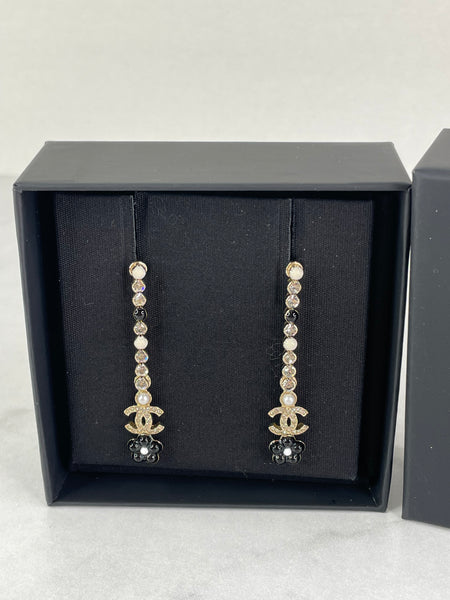 CHANEL Long Crystal CC Camellia Earrings