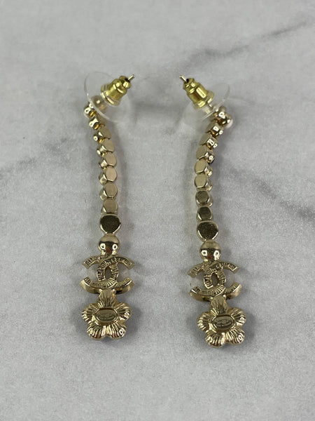 CHANEL Long Crystal CC Camellia Earrings