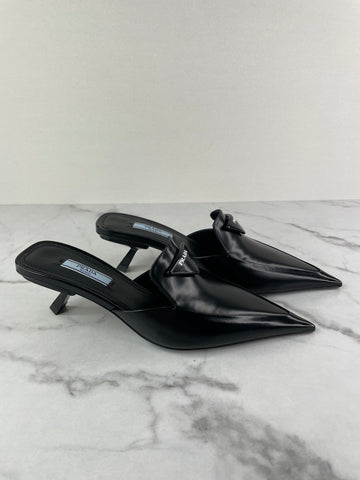 PRADA Black Spazzolato Triangle Logo Pointed Toe 55mm Mules
