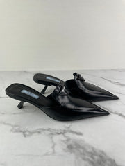PRADA Black Spazzolato Triangle Logo Pointed Toe 55mm Mules Size