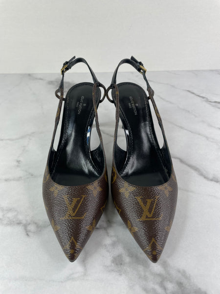 LOUIS VUITTON Monogram/Black Chérie Slingback Pumps Size 36