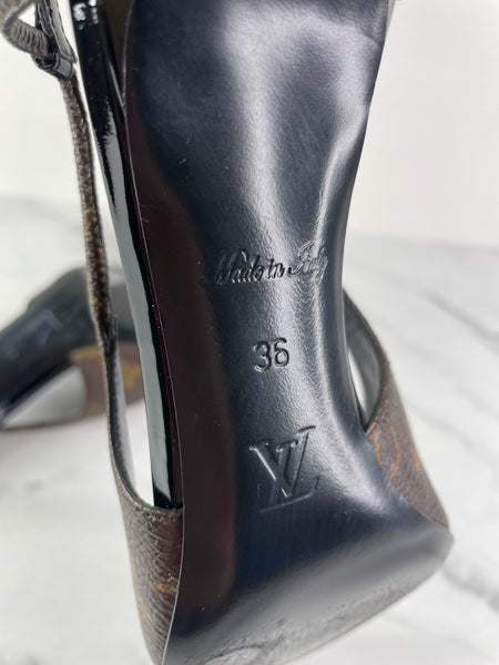 LOUIS VUITTON Monogram/Black Chérie Slingback Pumps Size 36