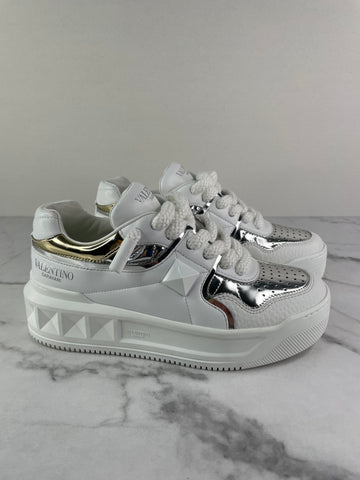 VALENTINO White/Metallic One Stud XL Leather Platform Sneakers Size 38.5