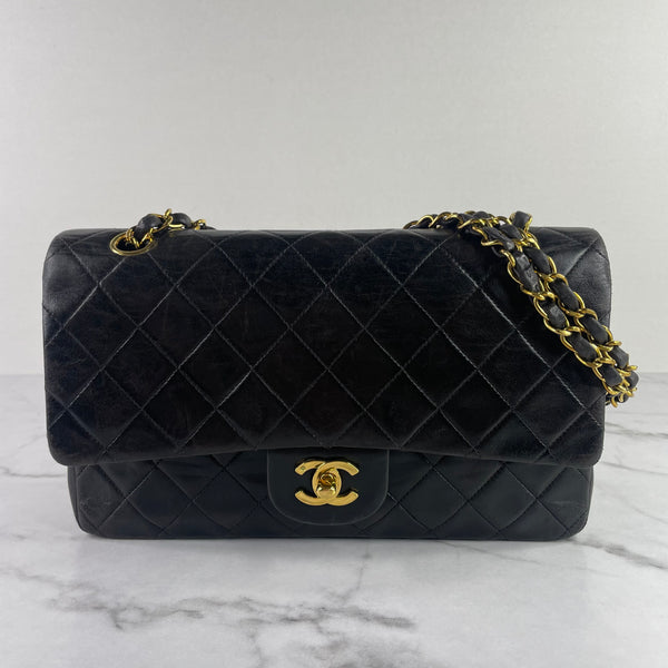 CHANEL Vintage Black Lambskin Quilted Medium Double Flap Bag