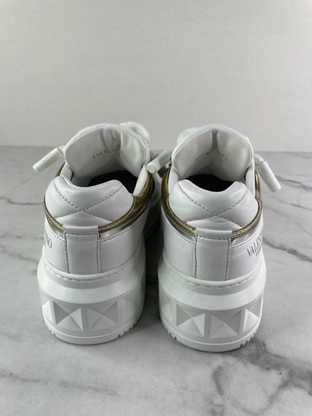 VALENTINO White/Metallic One Stud XL Leather Platform Sneakers Size 38.5
