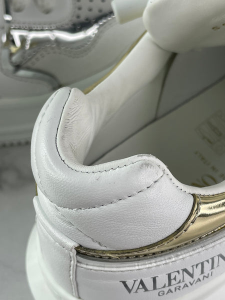 VALENTINO White/Metallic One Stud XL Leather Platform Sneakers Size 38.5