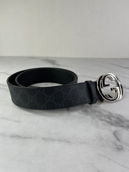 GUCCI Unisex Black/Grey GG Supreme Belt with Interlocking G buckle Size 90/36