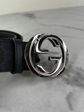 GUCCI Unisex Black/Grey GG Supreme Belt with Interlocking G buckle Size 90/36