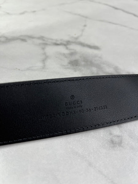 GUCCI Unisex Black/Grey GG Supreme Belt with Interlocking G buckle Size 90/36