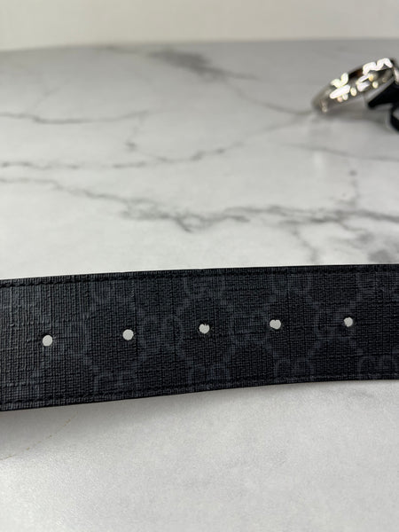 GUCCI Unisex Black/Grey GG Supreme Belt with Interlocking G buckle Size 90/36