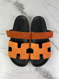 Hermès Chypre Orange and Brown Suede Sandals Size 39
