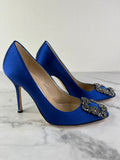 Manolo Blahnik HANGISI Blue Satin Jewel Buckle Pumps Size 34.5