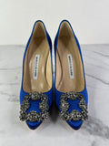 Manolo Blahnik HANGISI Blue Satin Jewel Buckle Pumps Size 34.5