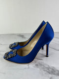 Manolo Blahnik HANGISI Blue Satin Jewel Buckle Pumps Size 34.5