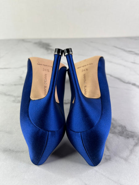 Manolo Blahnik HANGISI Blue Satin Jewel Buckle Pumps Size 34.5