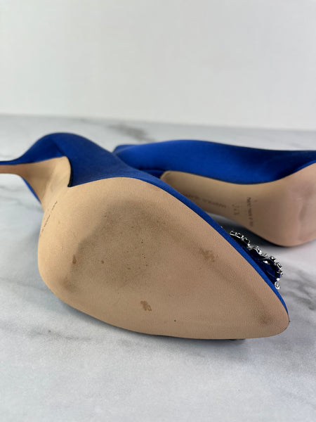 Manolo Blahnik HANGISI Blue Satin Jewel Buckle Pumps Size 34.5