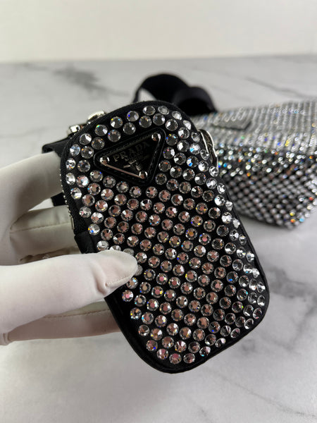 PRADA Triangle Black Satin Crystal Shoulder/Crossbody Bag