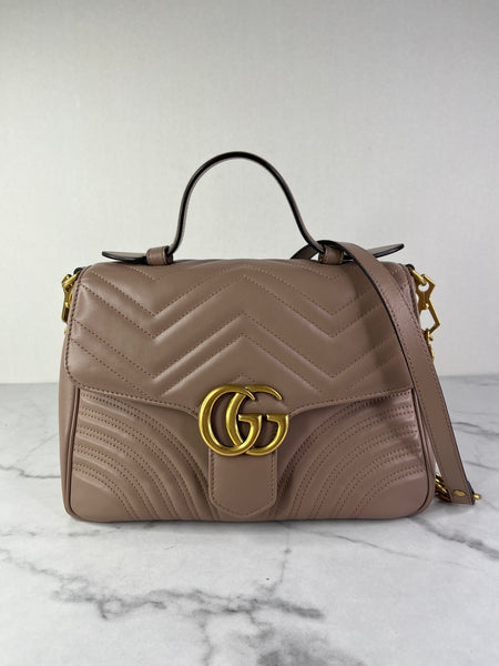 GUCCI Porcelain Rose Small Calfskin Matelasse GG Marmont Top Handle Shoulder/Crossbody Bag