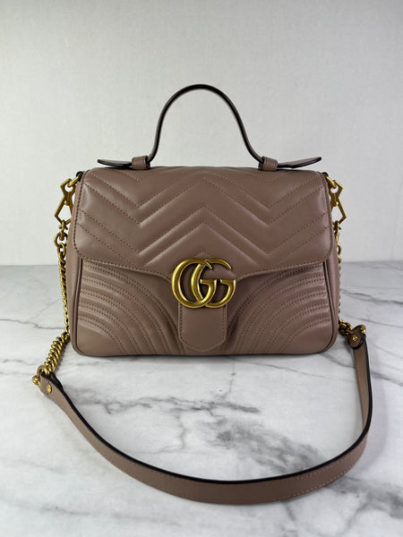 GUCCI Porcelain Rose Small Calfskin Matelasse GG Marmont Top Handle Shoulder/Crossbody Bag