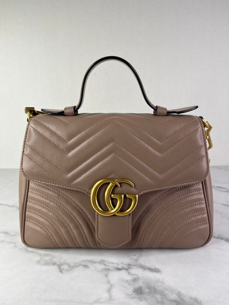 GUCCI Porcelain Rose Small Calfskin Matelasse GG Marmont Top Handle Shoulder/Crossbody Bag