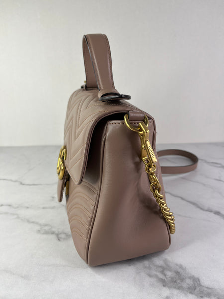 GUCCI Porcelain Rose Small Calfskin Matelasse GG Marmont Top Handle Shoulder/Crossbody Bag