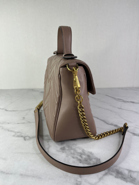 GUCCI Porcelain Rose Small Calfskin Matelasse GG Marmont Top Handle Shoulder/Crossbody Bag