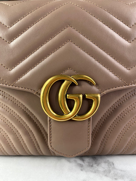 GUCCI Porcelain Rose Small Calfskin Matelasse GG Marmont Top Handle Shoulder/Crossbody Bag