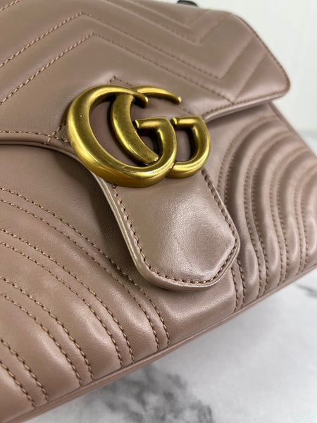 GUCCI Porcelain Rose Small Calfskin Matelasse GG Marmont Top Handle Shoulder/Crossbody Bag