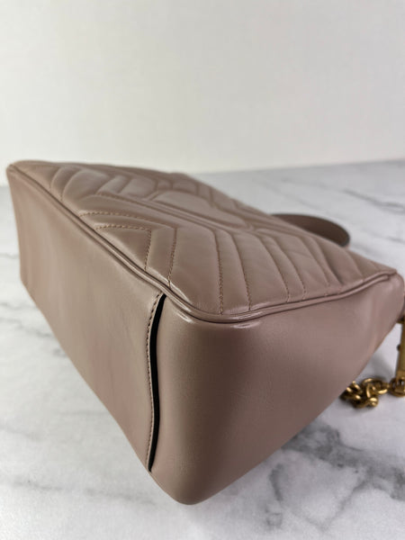 GUCCI Porcelain Rose Small Calfskin Matelasse GG Marmont Top Handle Shoulder/Crossbody Bag