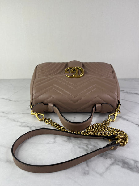 GUCCI Porcelain Rose Small Calfskin Matelasse GG Marmont Top Handle Shoulder/Crossbody Bag