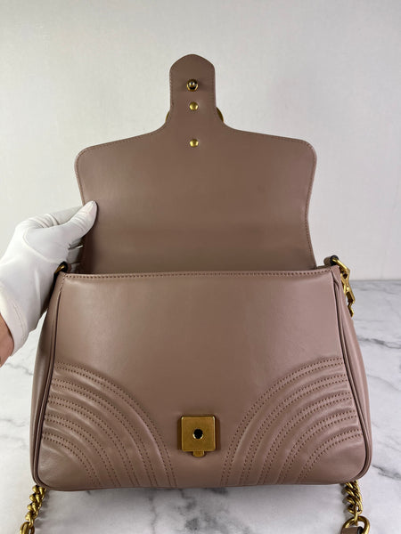 GUCCI Porcelain Rose Small Calfskin Matelasse GG Marmont Top Handle Shoulder/Crossbody Bag