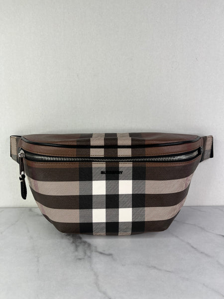 BURBERRY Dark Birch Brown E-canvas Check Bum Bag