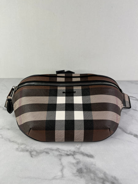 BURBERRY Dark Birch Brown E-canvas Check Bum Bag