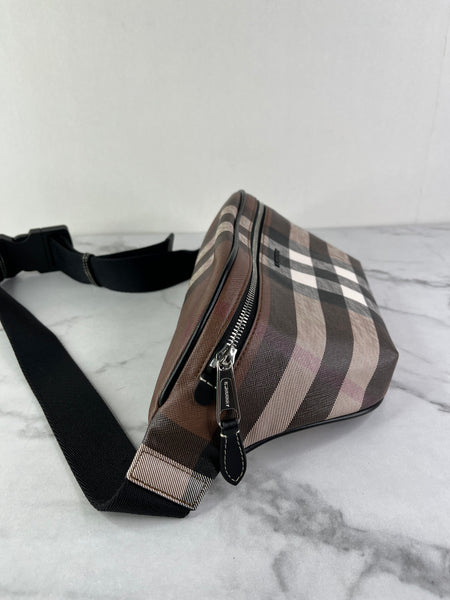 BURBERRY Dark Birch Brown E-canvas Check Bum Bag