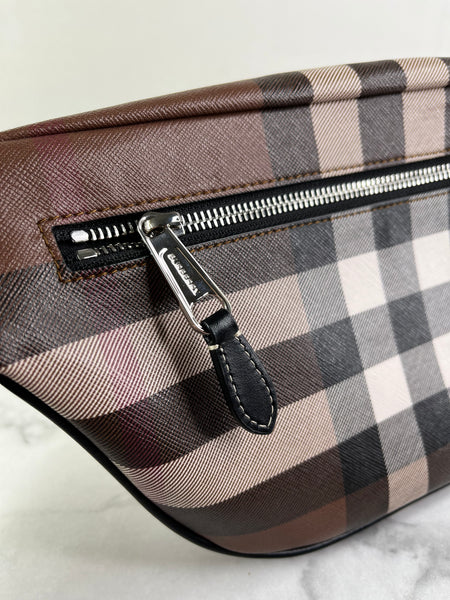 BURBERRY Dark Birch Brown E-canvas Check Bum Bag