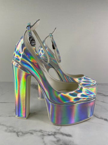 Valentino Silver Iridescent Tan-Go Platform Heels Size 40