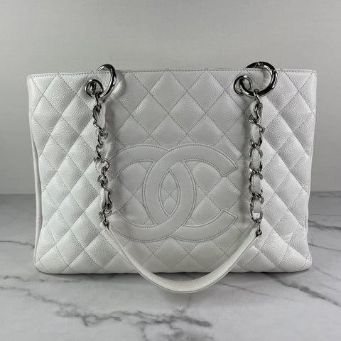 CHANEL White Caviar Quilted Grand Shopping Tote GST