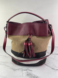 Burberry Burgundy Mega Check Ashby Bucket Shoulder Bag