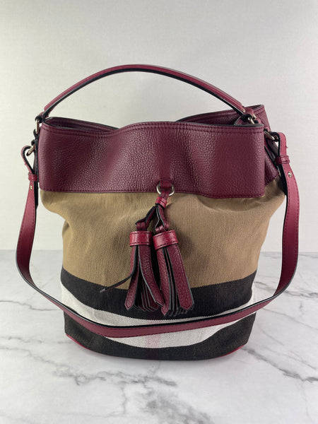 Burberry Burgundy Mega Check Ashby Bucket Shoulder Bag
