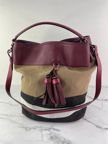 Burberry Burgundy Mega Check Ashby Bucket Shoulder Bag