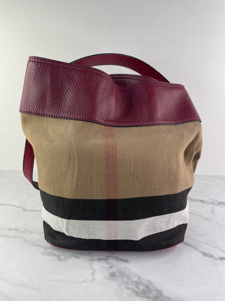 Burberry Burgundy Mega Check Ashby Bucket Shoulder Bag
